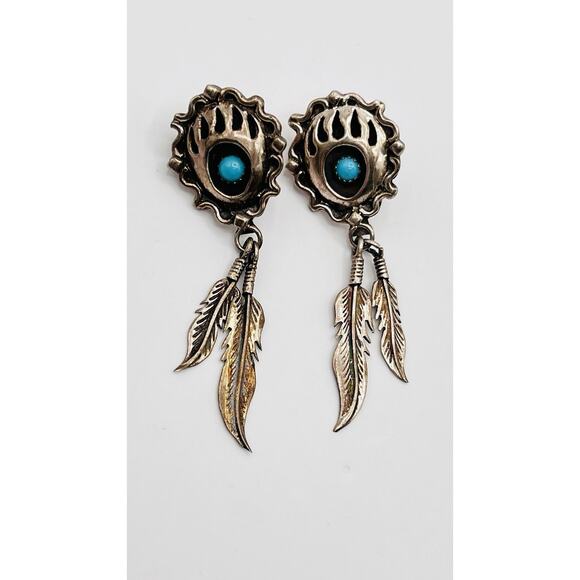 Sterling Silver 925 Dangle Stud Earrings Turquoise Feather Running Bear Navajo